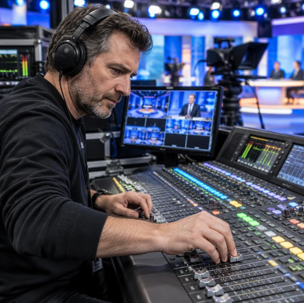Sound technician adjusting audio levels during a live broadcast
