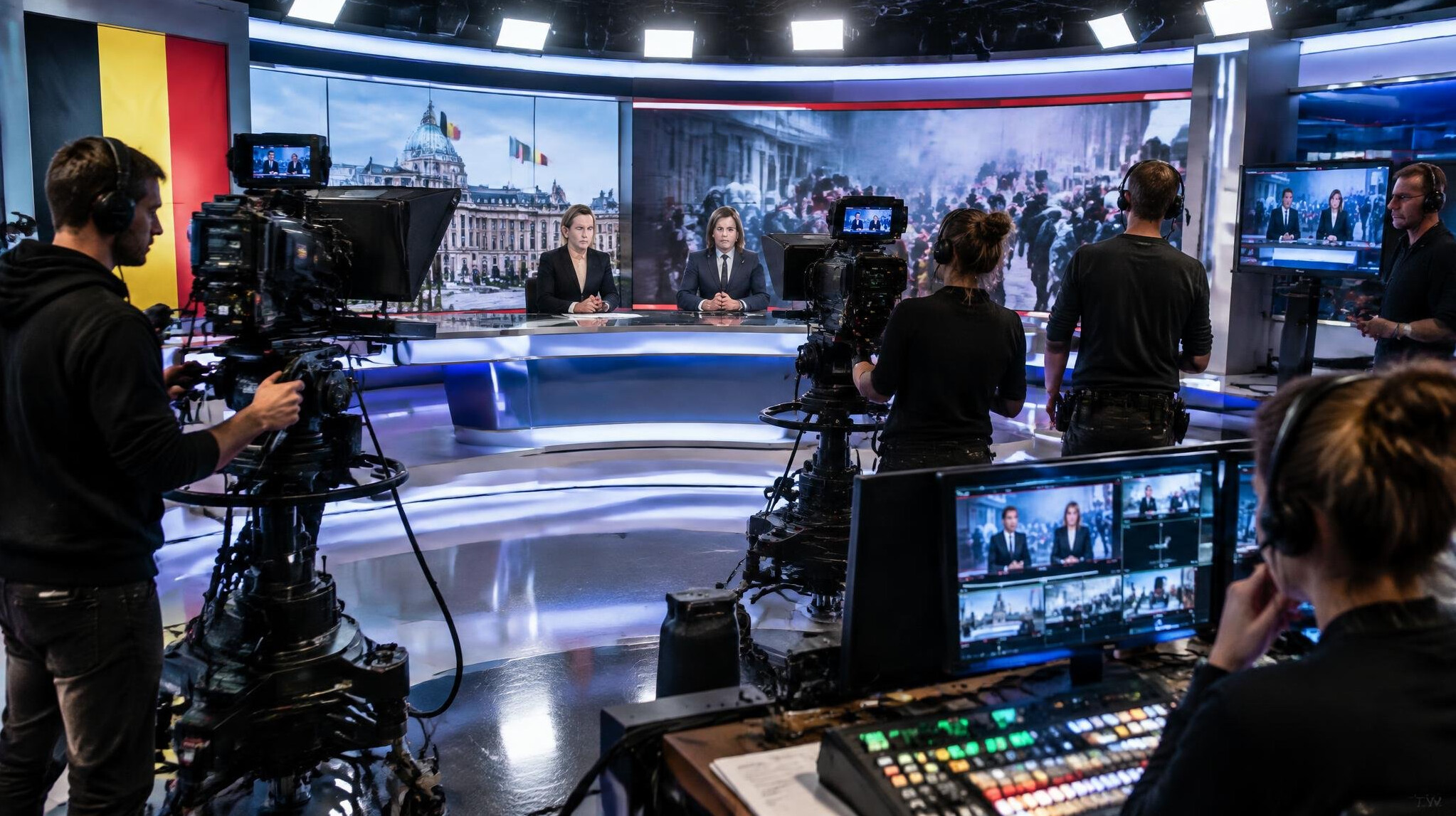 Live TV news studio with camera operators and presenters during a broadcast